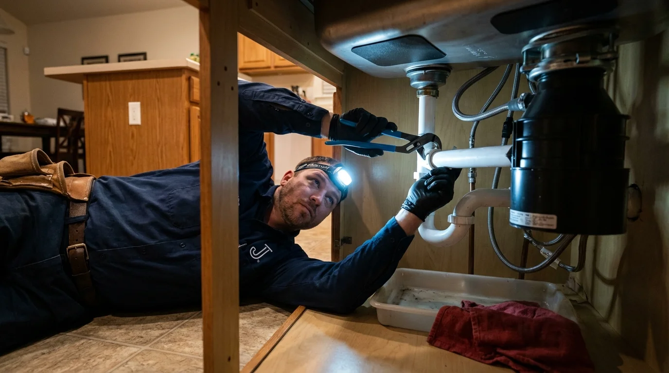 P-trap and supply line connections under a kitchen sink showing a common leak point in Anchorage, AK